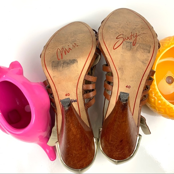 MISS SIXTY Leather Brown & Gold Sandal Cone Heels - Picture 12 of 13